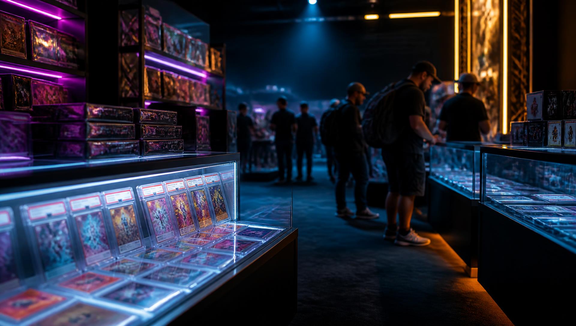 Collectors browsing trading cards and hobby boxes at an illuminated card show